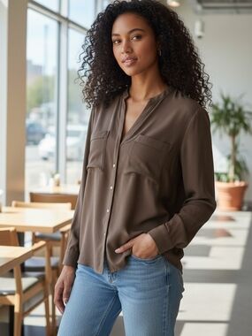 Ro & De Olive Green Long-Sleeve Button-Up Blouse